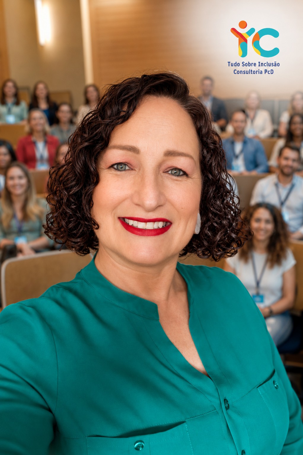 Cristiane Mayworm Montes em primeiro plano diante de um público reunido em uma atividade da TiC.